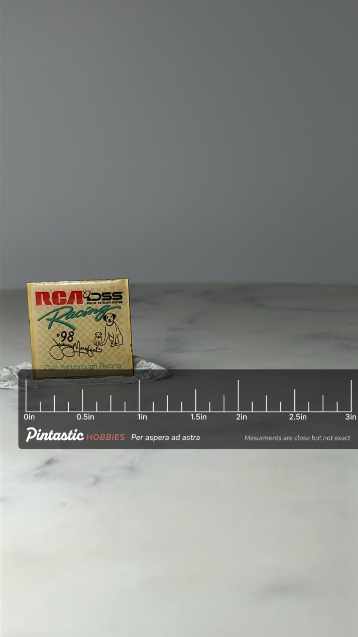 Vintage RCA DSS Racing Pin: Lucite Sponsor - 1990s NASCAR Accessory with ruler overlay for size reference