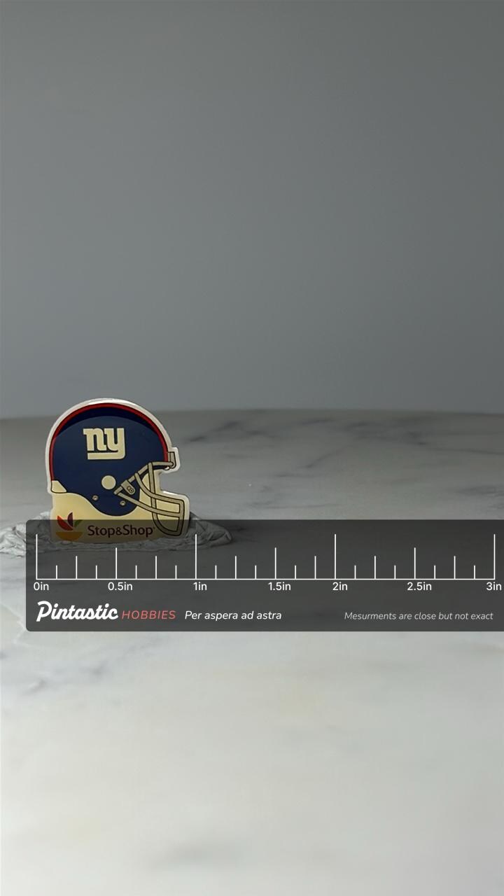 Vintage New York Giants Helmet Pin: Blue Enamel - NFL Promo with ruler overlay for size reference