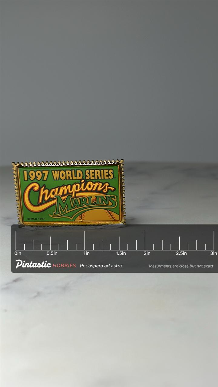 Vintage Florida Marlins World Series Pin: Gold Tone - 1997 Champions Accessory with ruler overlay for size reference