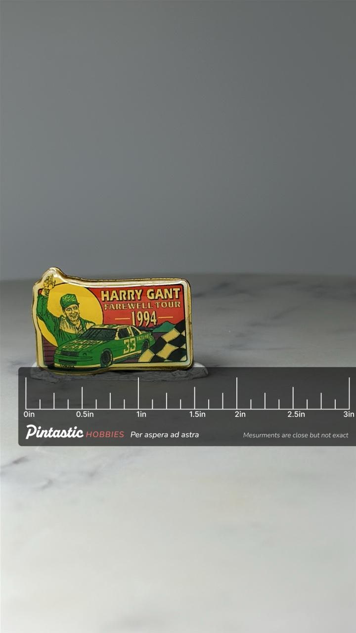 Vintage Harry Gant NASCAR Pin: Gold Tone Enamel - 1994 Farewell Tour Accessory with ruler overlay for size reference