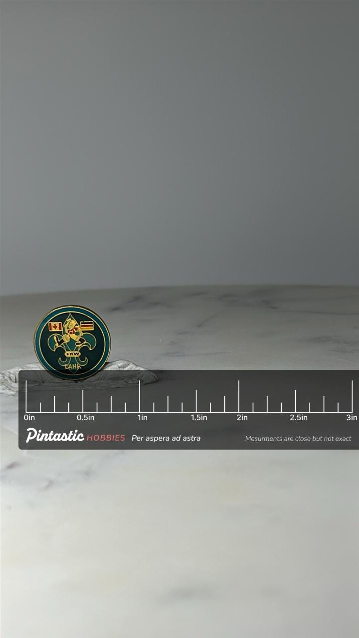 Vintage Canada Germany Scout Enamel Pin: Green Gold - 1980s Accessory with ruler overlay for size reference