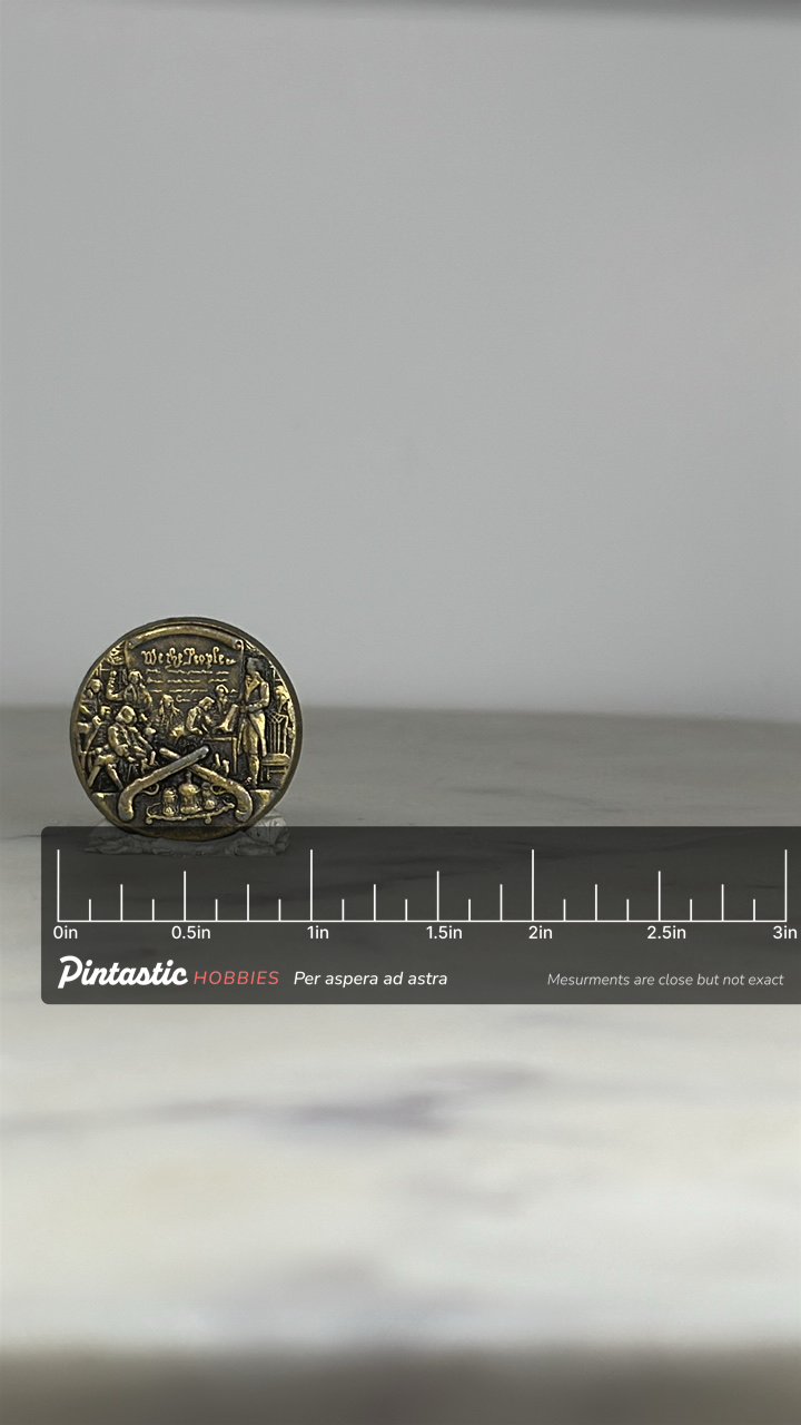 Constitution Signing Pin: Antique Bronze Finish - Patriotic History Accessory with ruler overlay for size reference