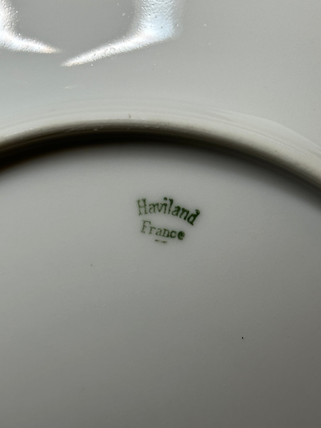 Haviland France monogrammed white dinner plates with gold rim trim