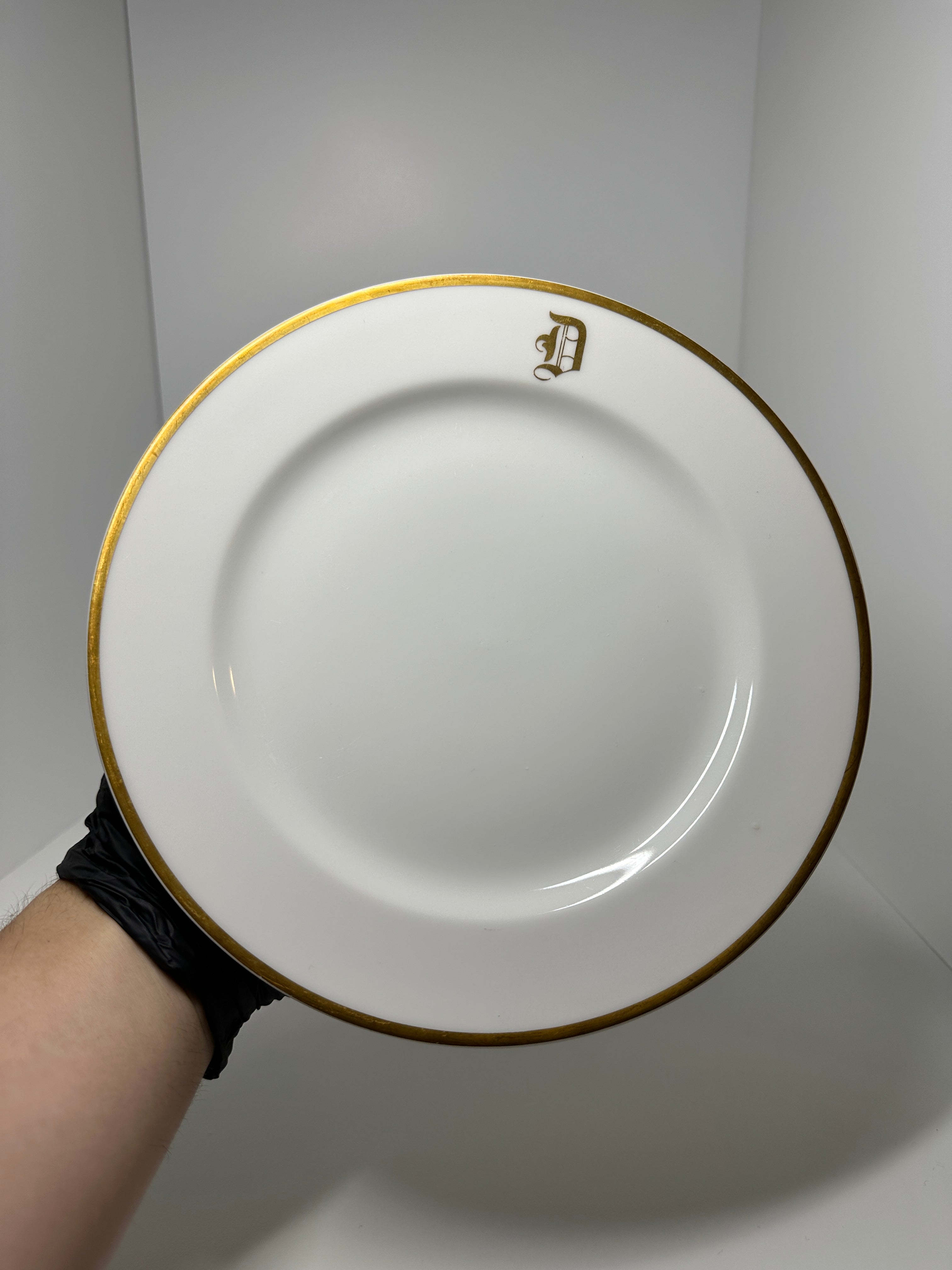 Haviland France monogrammed white dinner plates with gold rim trim