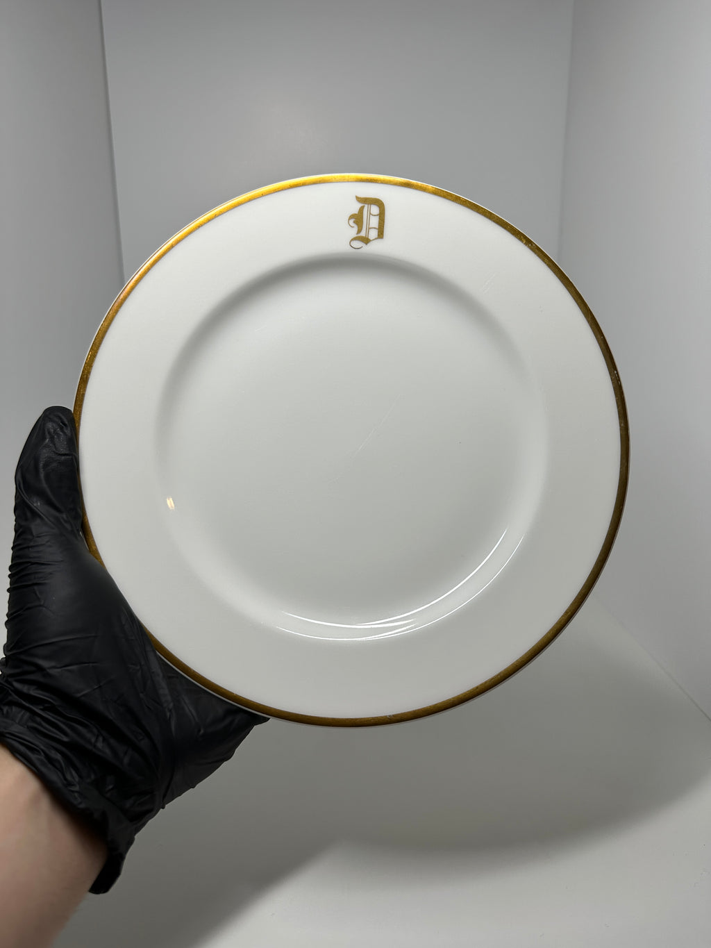Haviland France monogrammed white dinner plates with gold rim trim