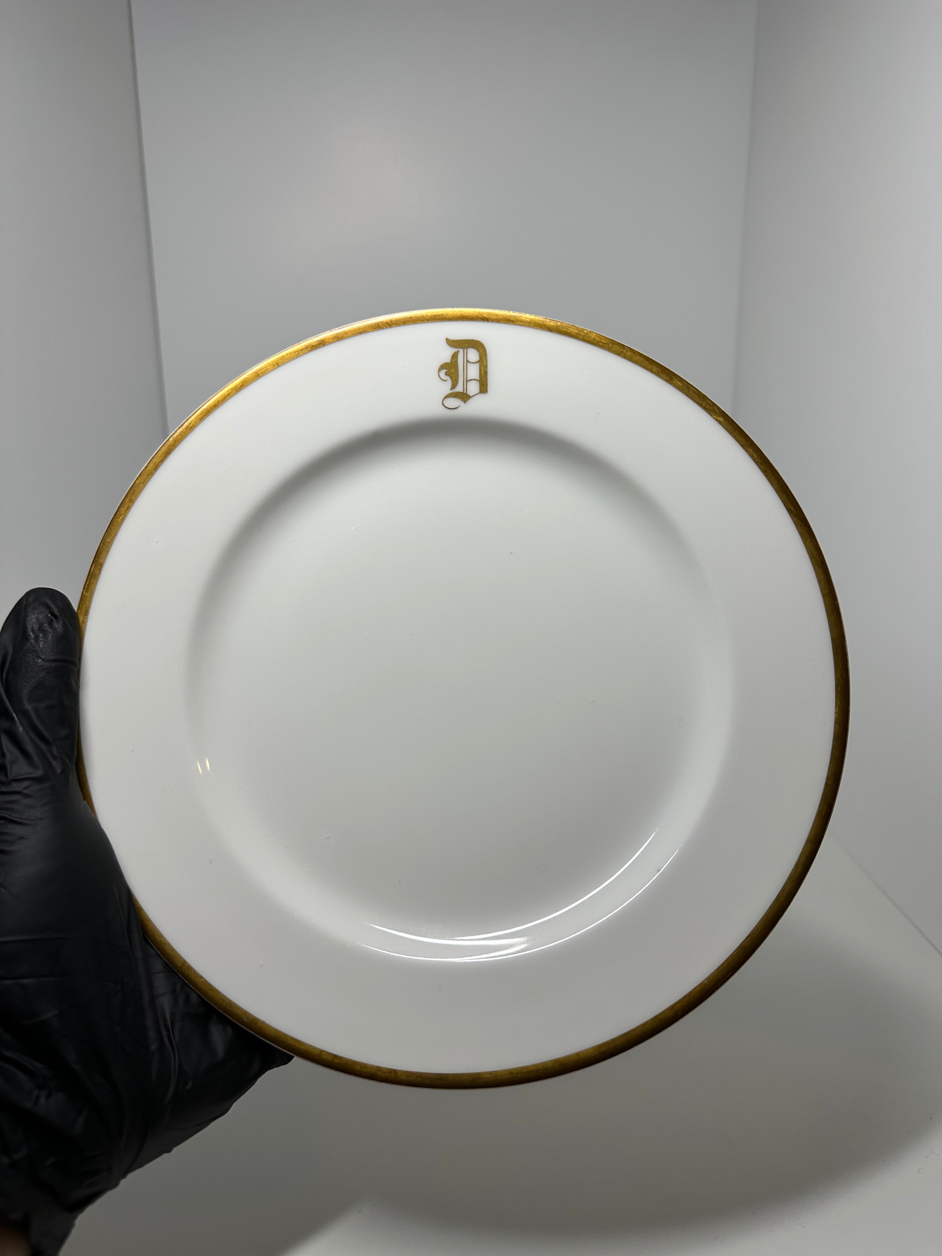Haviland France monogrammed white dinner plates with gold rim trim
