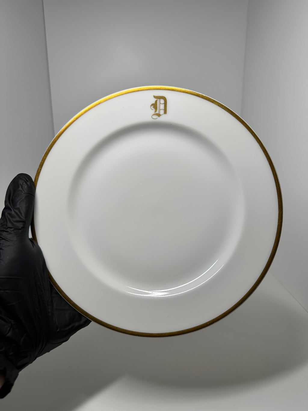 Haviland France monogrammed white dinner plates with gold rim trim