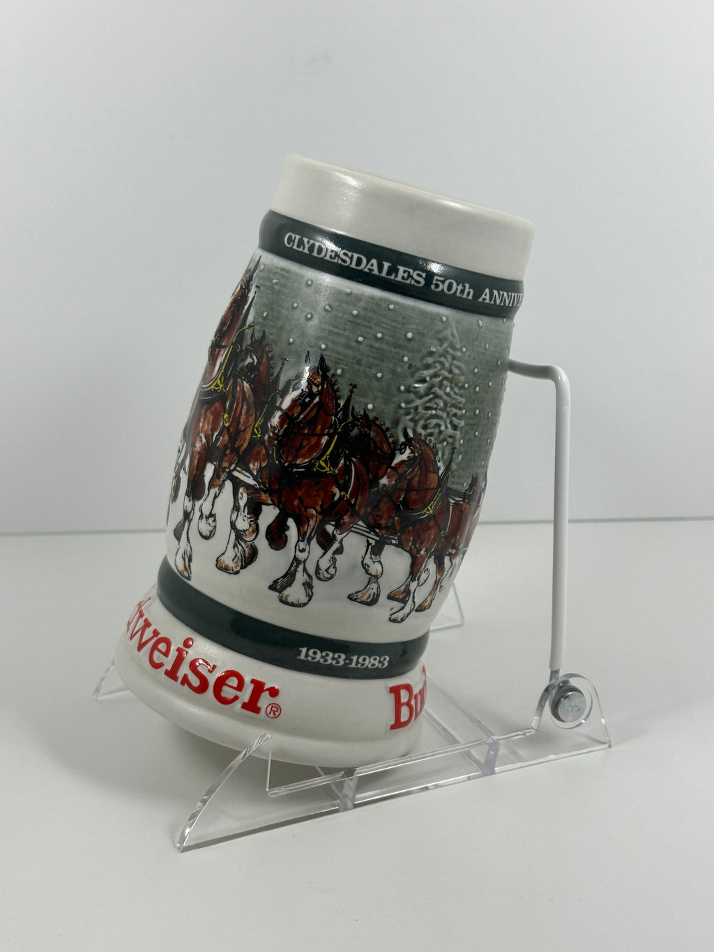 Budweiser Clydesdales 50th Anniversary 1933–1983 ceramic mug by Ceramarte with horse team design