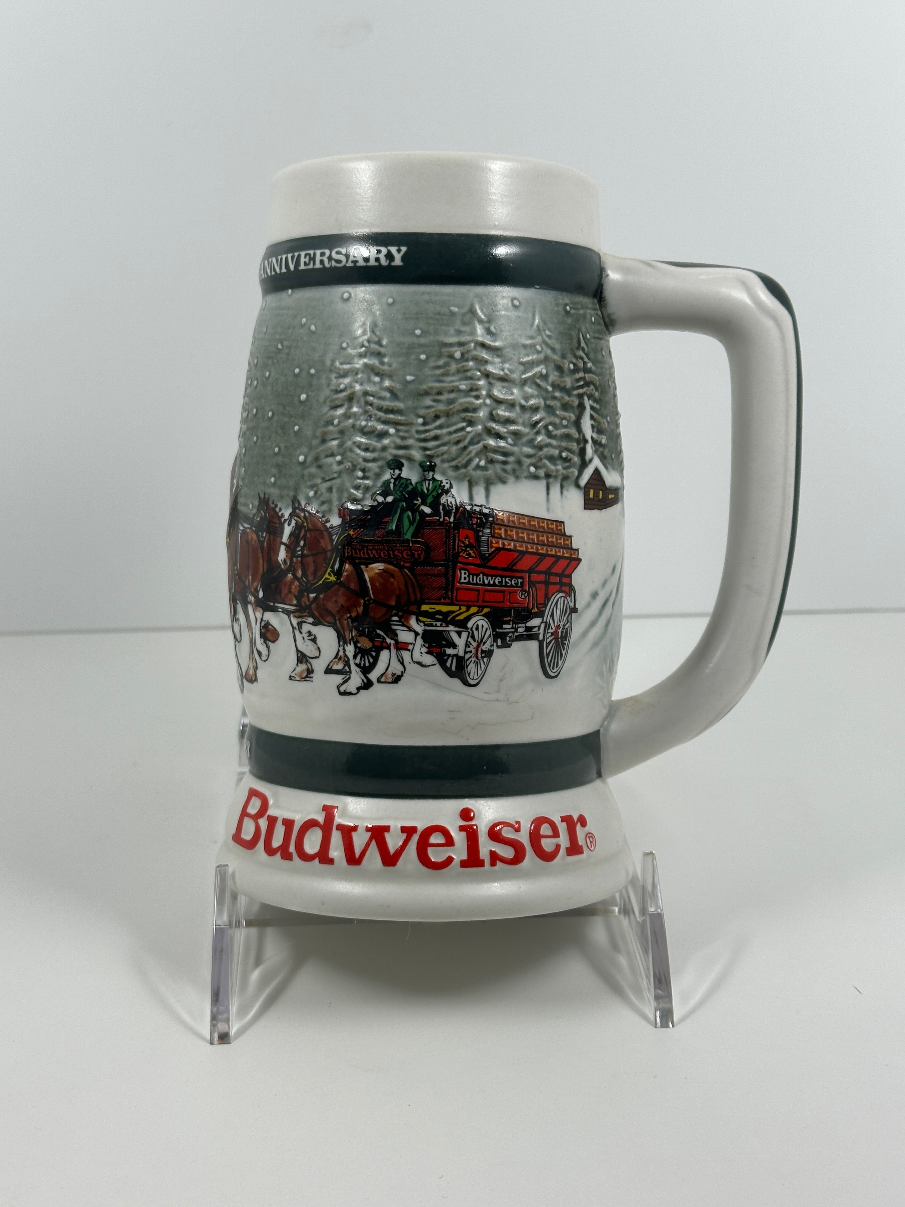 Budweiser Clydesdales 50th Anniversary 1933–1983 ceramic mug by Ceramarte with horse team design
