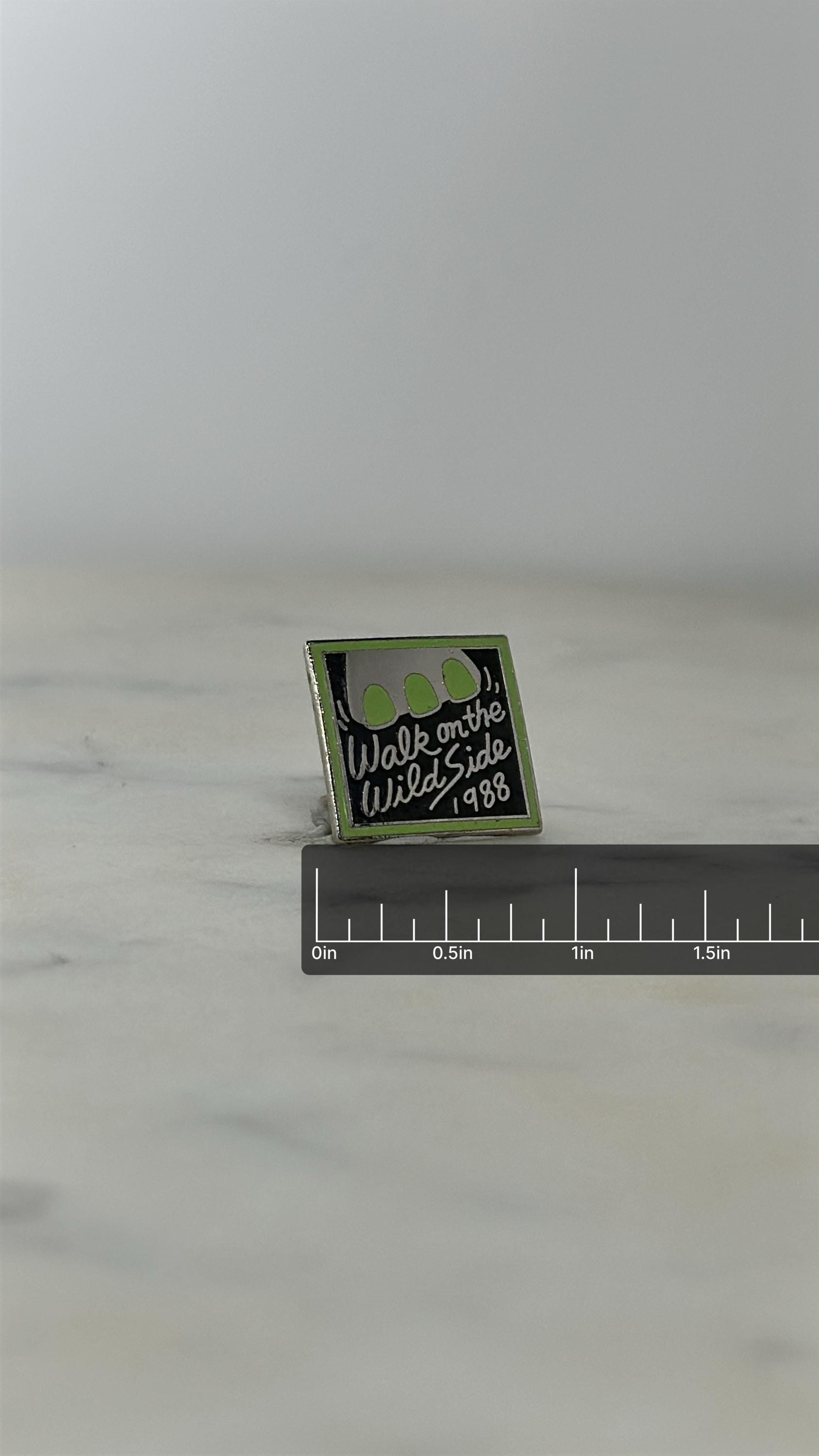 Walk on the Wild Side Enamel Pin: Green & Black Square - 1980s Retro Accessory with ruler overlay for size reference
