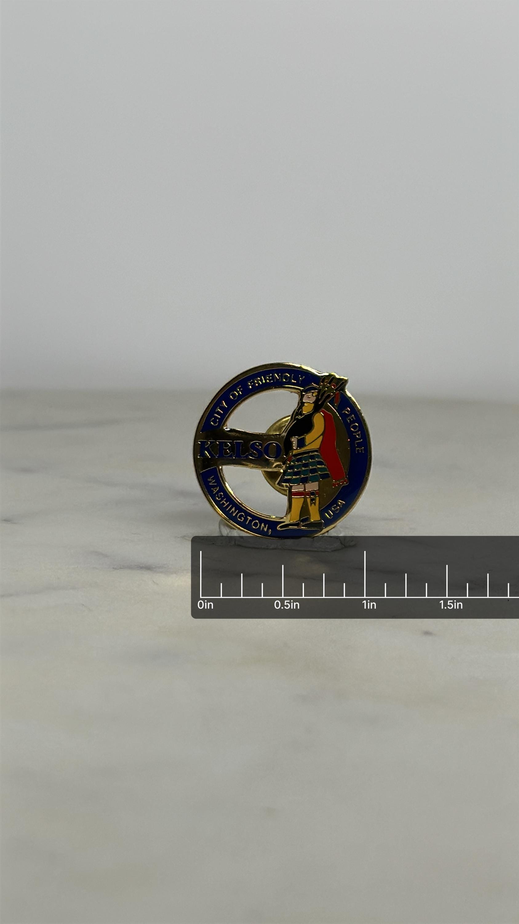 Kelso Washington Souvenir Pin: Multicolor Enamel - Vintage Travel Accessory with ruler overlay for size reference