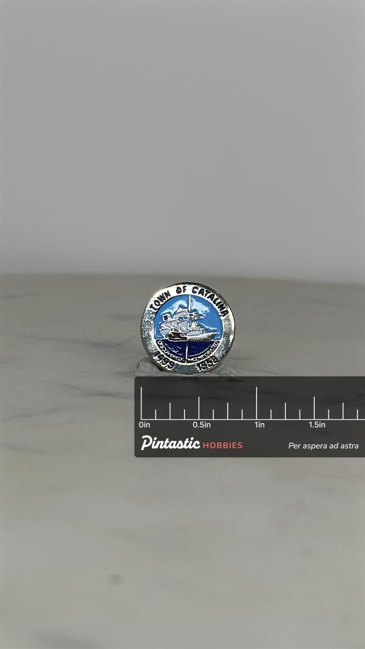 Town of Catalina Souvenir Pin: Silver & Blue Enamel - Nautical History Accessory with ruler overlay for size reference