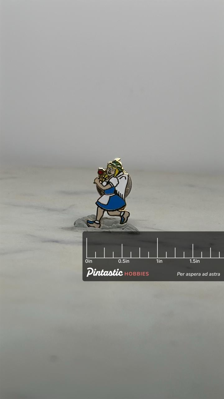 Angel Holding Rose Enamel Pin: Blue Dress Gold Trim - Vintage Style Accessory with ruler overlay for size reference
