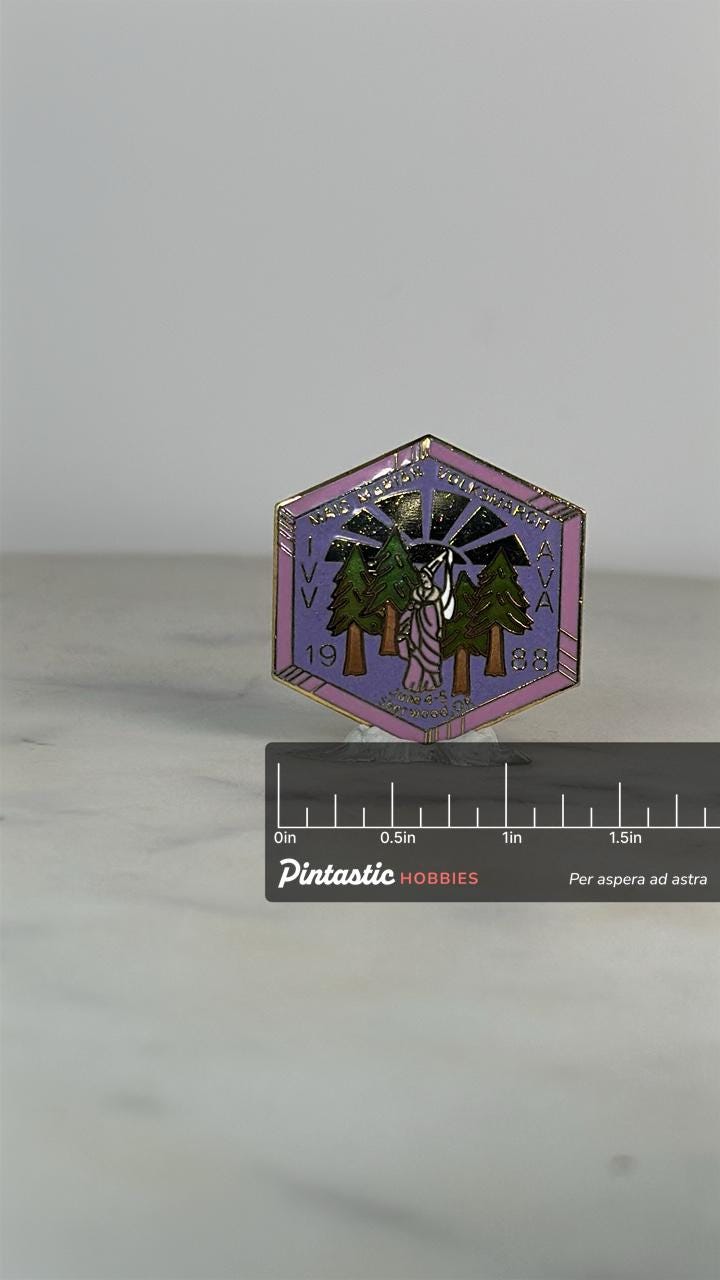 Maid Marian Volksmarch Pin: Purple Enamel Hexagon - 1988 Hiking Accessory with ruler overlay for size reference