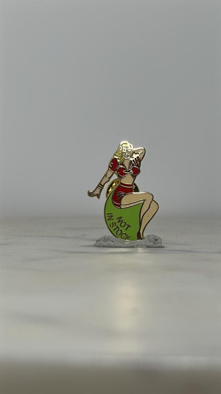 Pin-Up Girl Enamel Pin: Red Outfit Glossy Finish - Retro Humor Accessory with ruler overlay for size reference