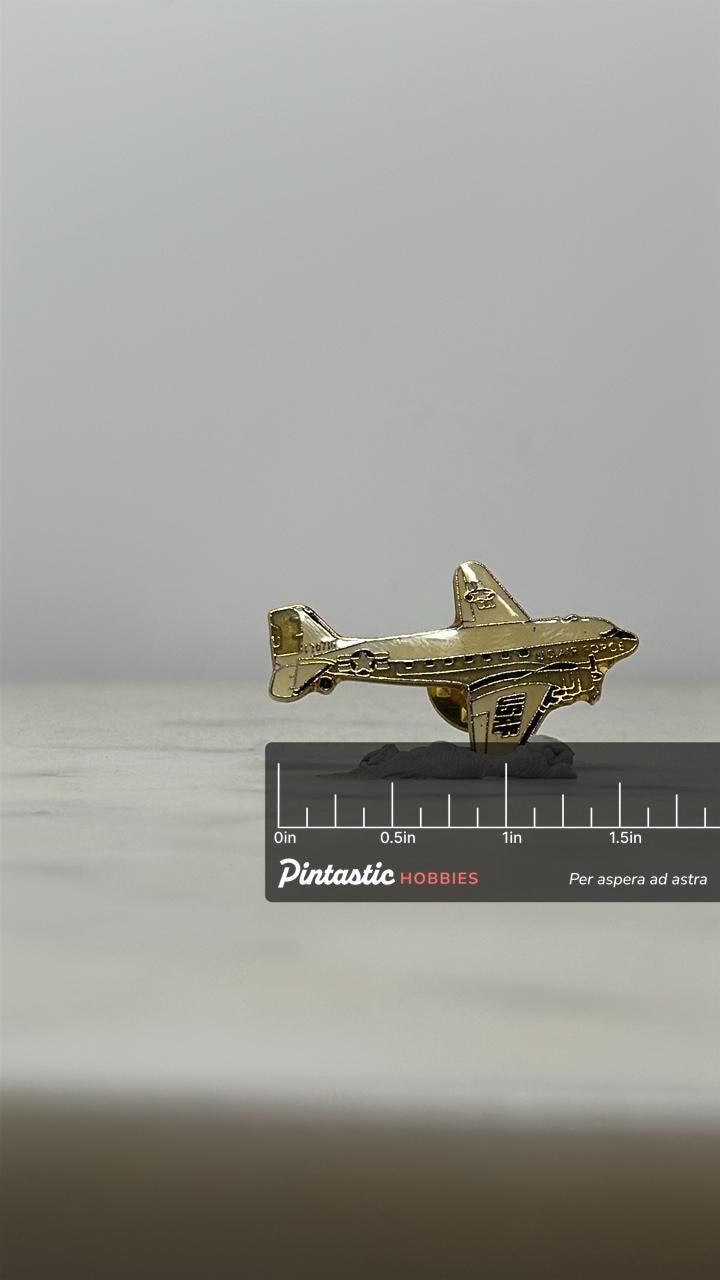 USAF C-47 Skytrain Pin: Vintage Enamel Pin – Aircraft 47-0716 Commemorative with ruler overlay for size reference