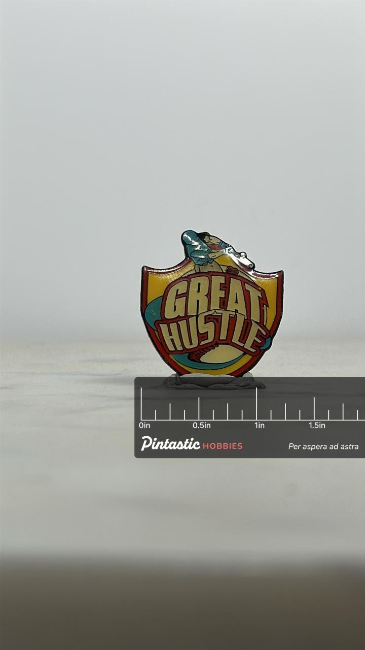 Vintage Great Hustle Baseball Pin: Red Yellow Enamel - Sports Accessory with ruler overlay for size reference