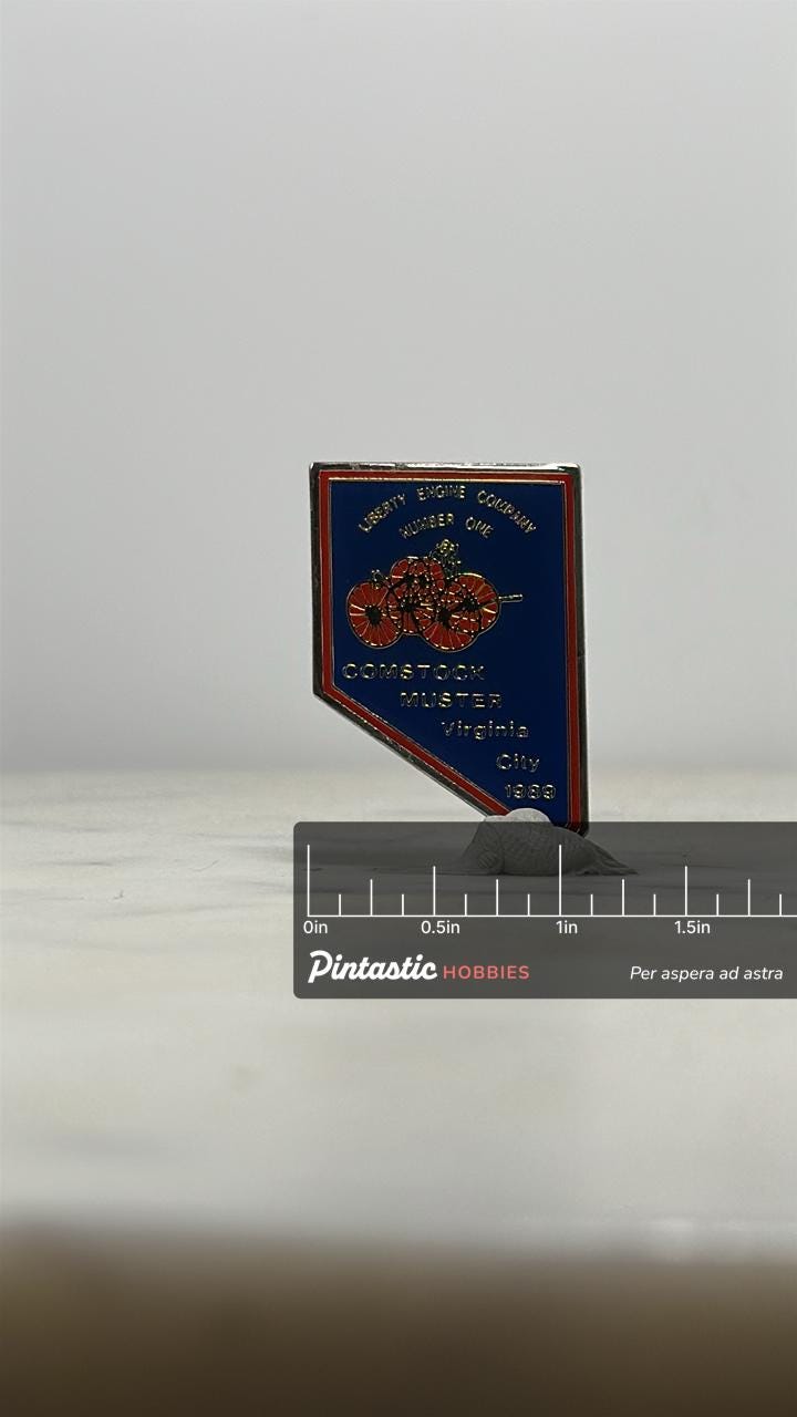Firefighter Commemorative Pin: Red & Blue Enamel - 1989 Nevada Accessory with ruler overlay for size reference