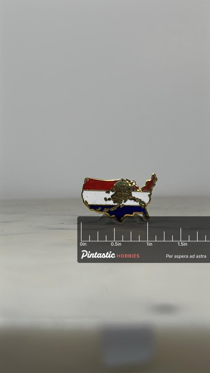 USA Map Pin: Red White Blue Enamel with Alaska & Hawaii – Vintage Patriotic Lapel with ruler overlay for size reference