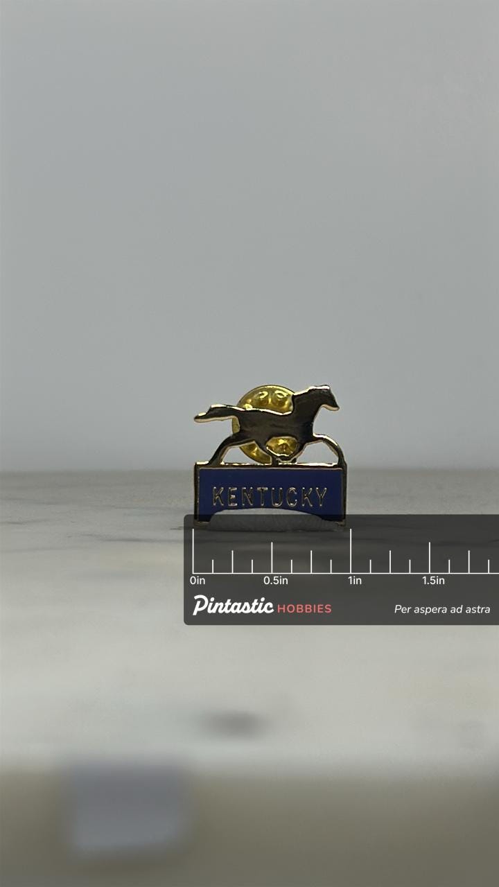 Kentucky Horse Racing Pin: Gold & Blue Enamel - Vintage Travel Accessory with ruler overlay for size reference
