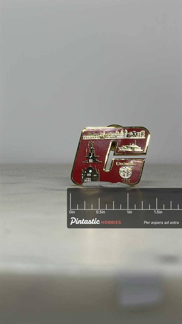 Cincinnati Landmark Enamel Pin: Red Gold Finish - 1989 NAP Collectible with ruler overlay for size reference