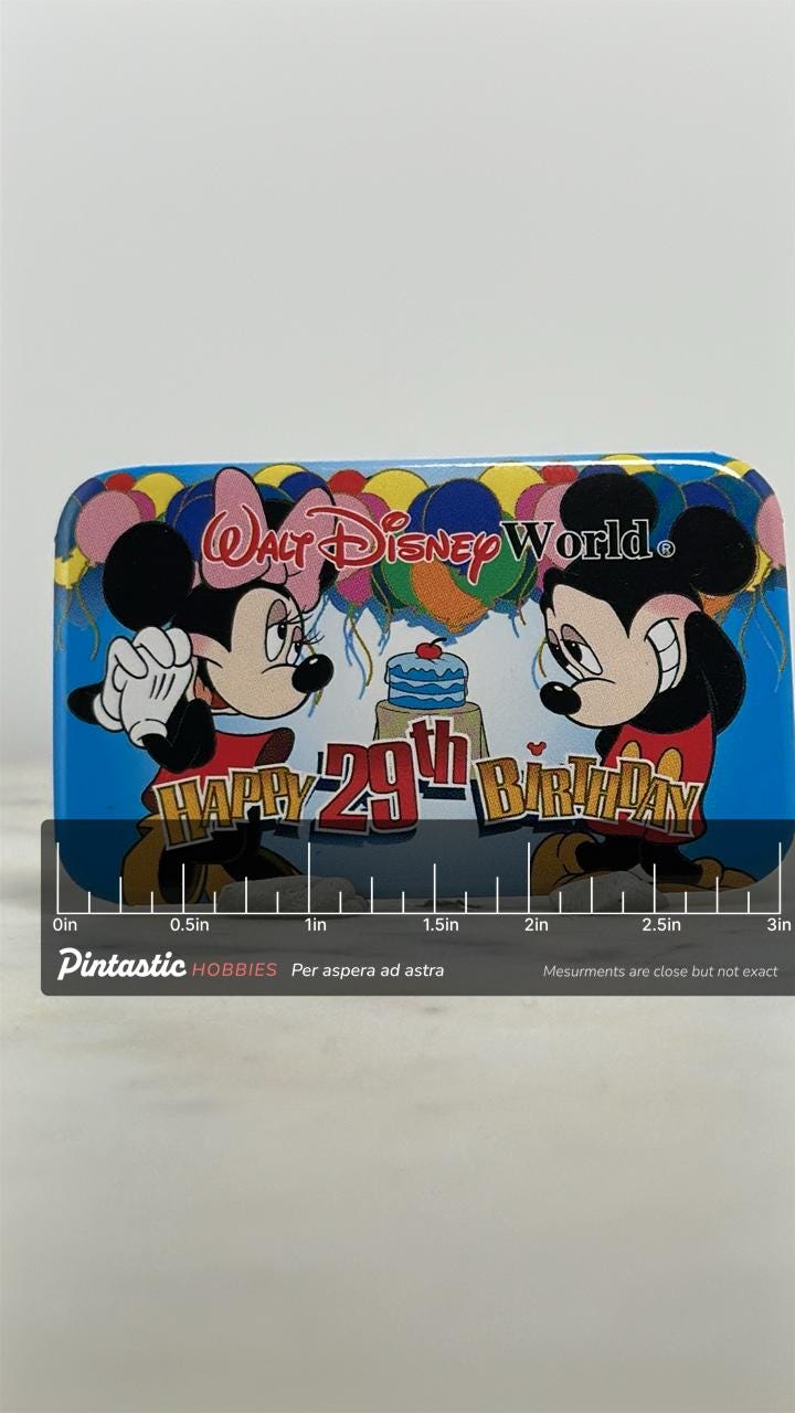 Walt Disney World Birthday Pin: Mickey & Minnie Colorful - 1990s Collectible Accessory with ruler overlay for size reference