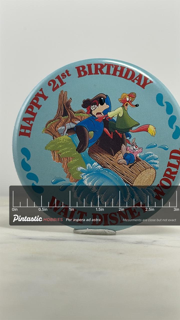 Disney Birthday Button Pin: Br'er Characters Splash Design - 90s Theme Accessory with ruler overlay for size reference