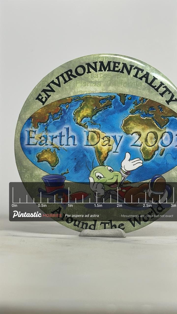 Earth Day 2002 Pin: Jiminy Cricket Glossy Finish - Disney Collectible Accessory with ruler overlay for size reference