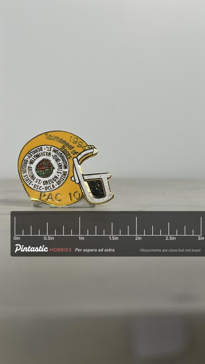1994 Rose Bowl Helmet Pin: Yellow Enamel Finish - PAC-10 Sports Accessory with ruler overlay for size reference