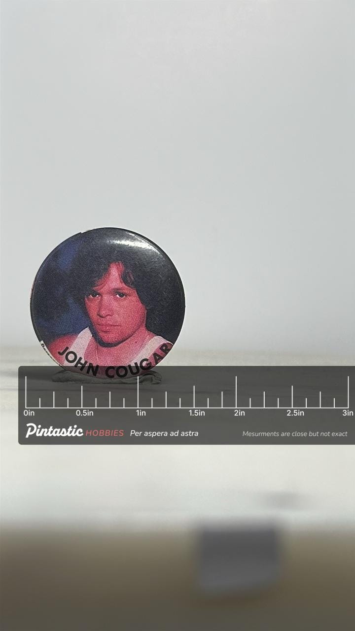 John Cougar Button Pin: Glossy Photo Finish - 1980s Rock Accessory with ruler overlay for size reference