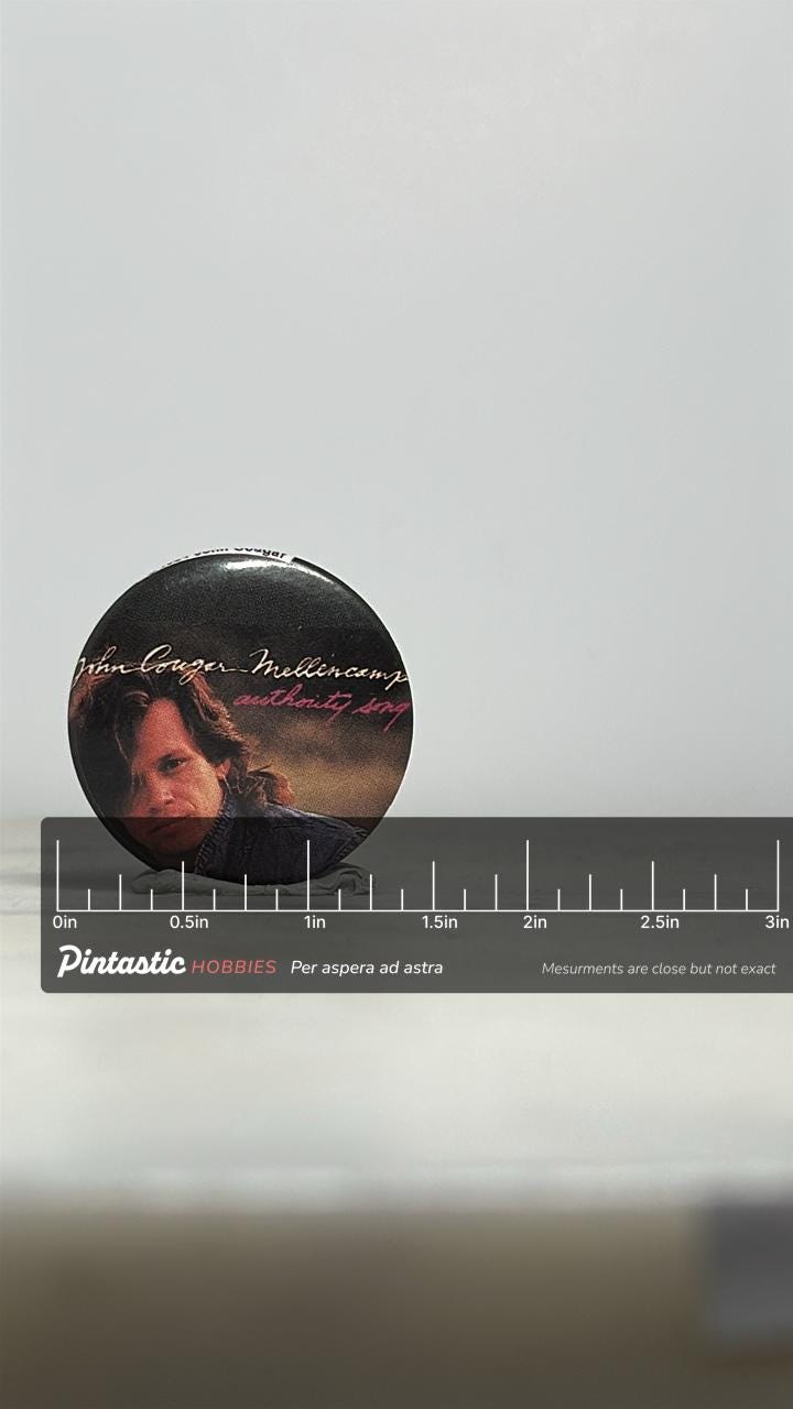 John Cougar Mellencamp Button Pin: Photo Portrait Finish - 80s Rock Accessory with ruler overlay for size reference