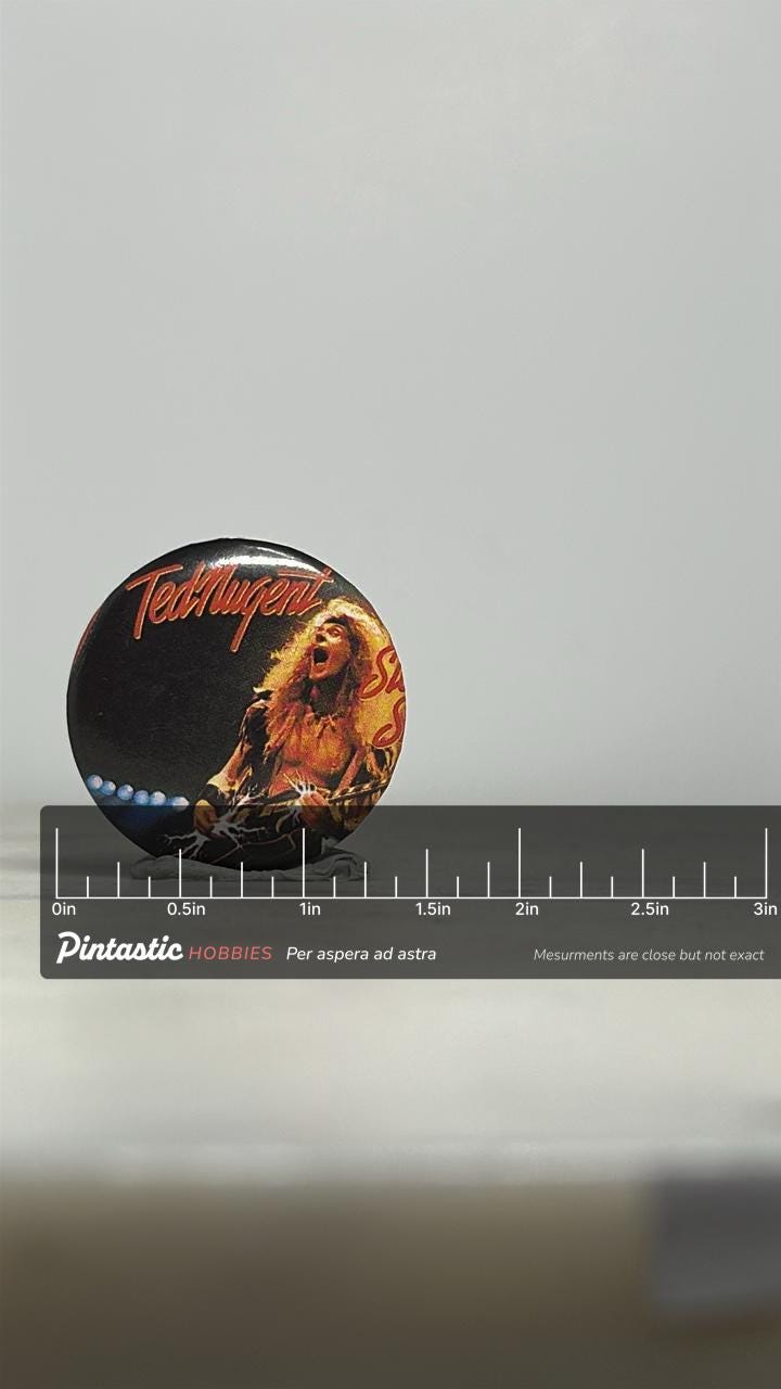 Ted Nugent Music Pin: Glossy Rock Design - Vintage 70s Accessory with ruler overlay for size reference