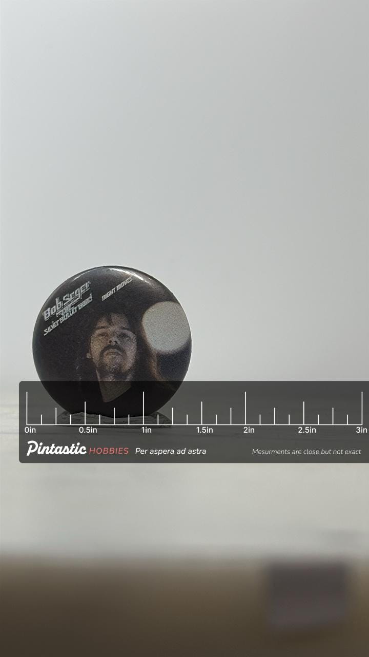 Bob Seger Band Pinback Button: Dark Photo Finish - 1970s Rock Accessory with ruler overlay for size reference