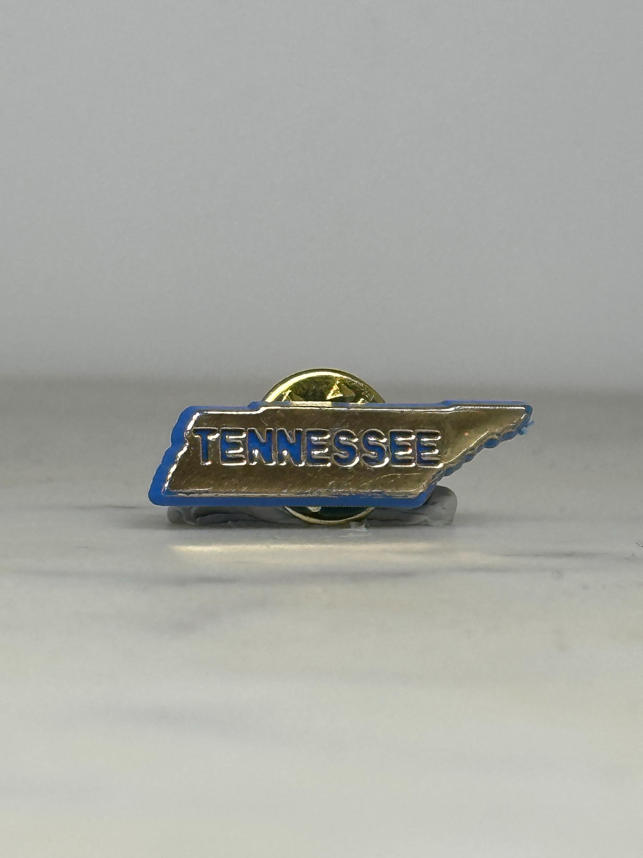 Tennessee State Shaped Pin: Gold & Blue Enamel - Vintage Travel Accessory