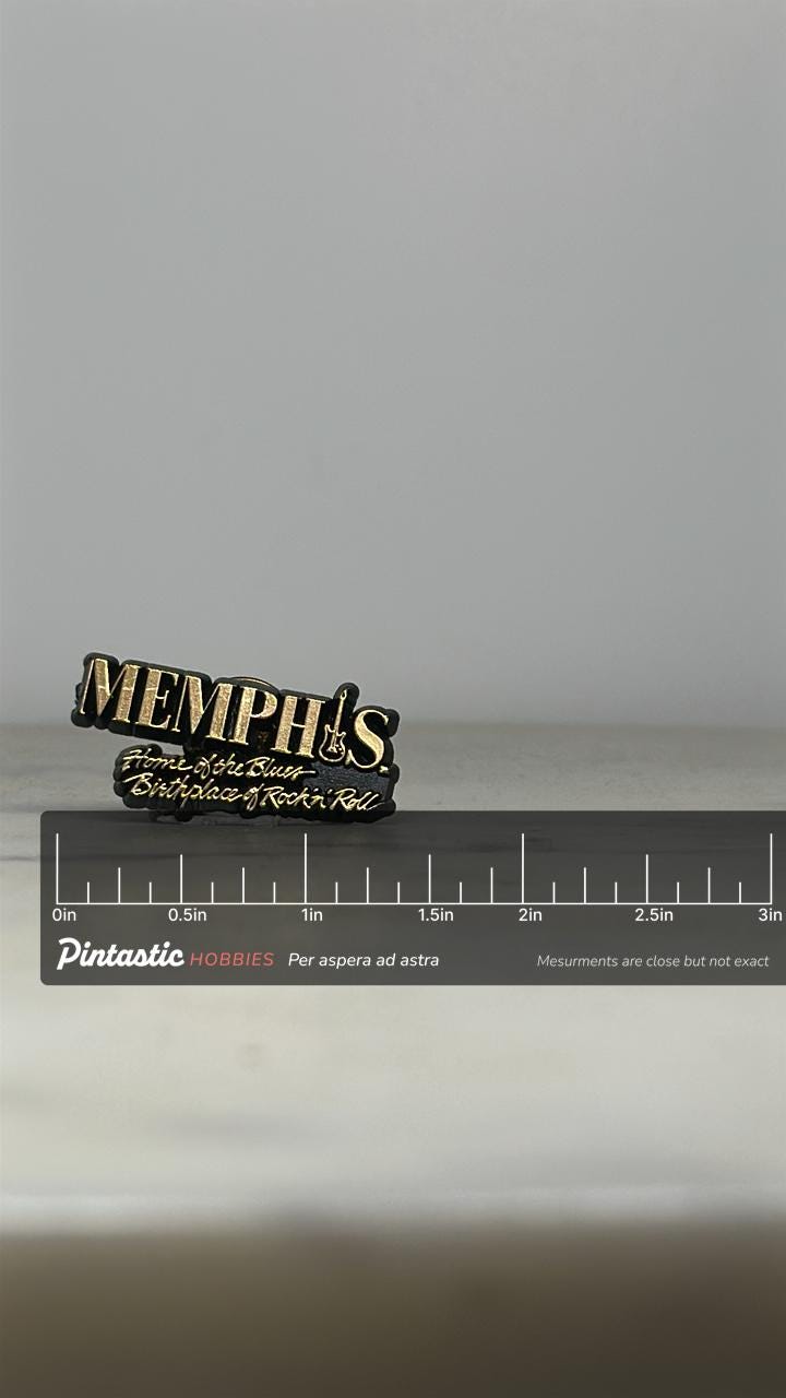 Memphis Souvenir Pin: Black Gold Enamel - Music History Accessory with ruler overlay for size reference