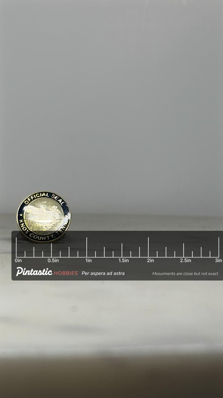 Knox County Seal Enamel Pin: Gold & Navy Finish - Civic Pride Accessory with ruler overlay for size reference
