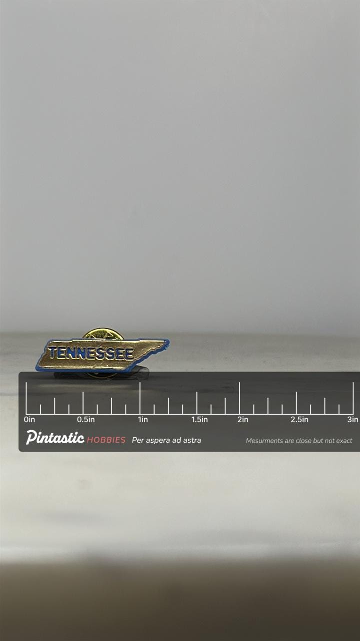 Tennessee State Shaped Pin: Gold & Blue Enamel - Vintage Travel Accessory with ruler overlay for size reference
