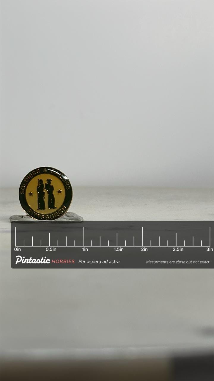 Soldiers & Sailors Museum Pin: Black Enamel Gold Trim - Military Tribute Accessory with ruler overlay for size reference