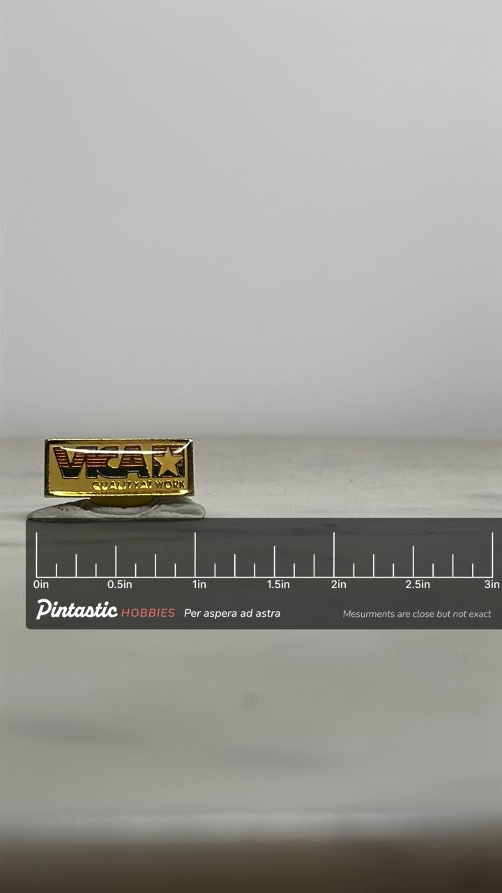 VECA Quality at Work Pin: Gold Tone Enamel - Vintage Workplace Accessory with ruler overlay for size reference