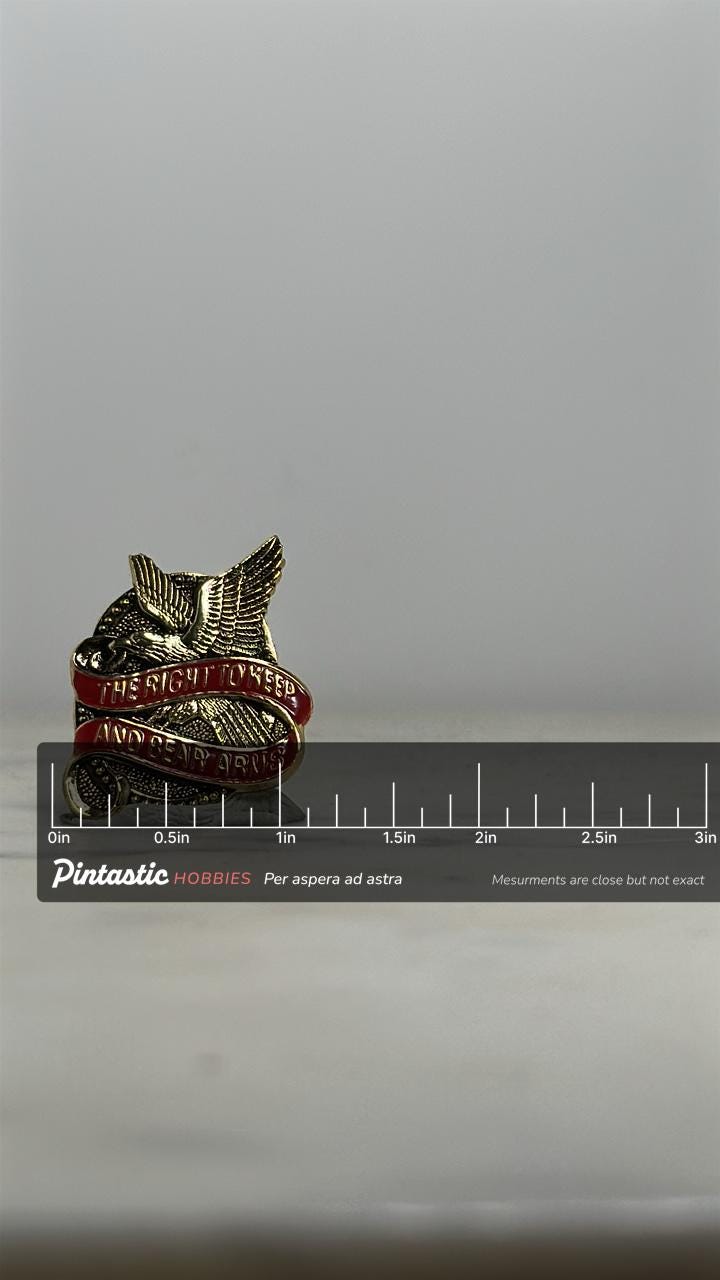 Eagle 2nd Amendment Pin: Gold Tone Red Enamel - Patriotic Vintage Accessory with ruler overlay for size reference