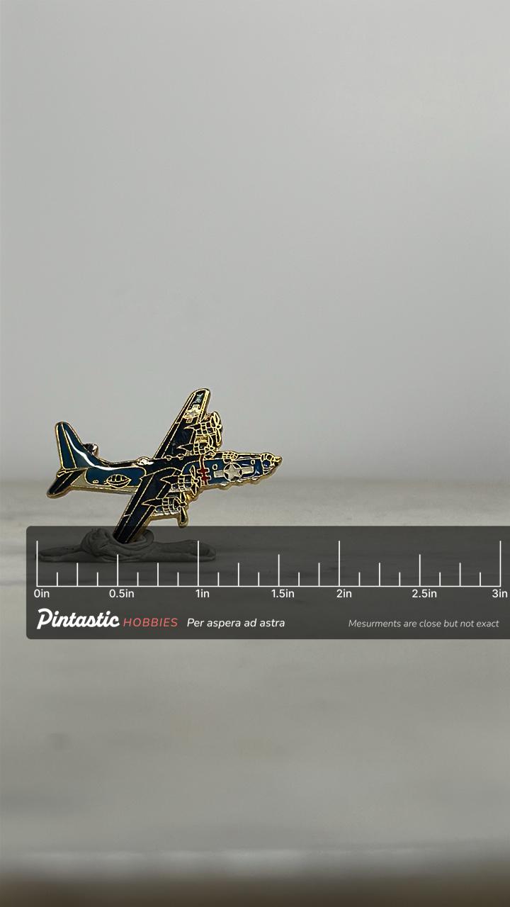 B-24 Liberator Bomber Pin: Blue & Gold WWII Airplane – Vintage Aviation Collectible with ruler overlay for size reference