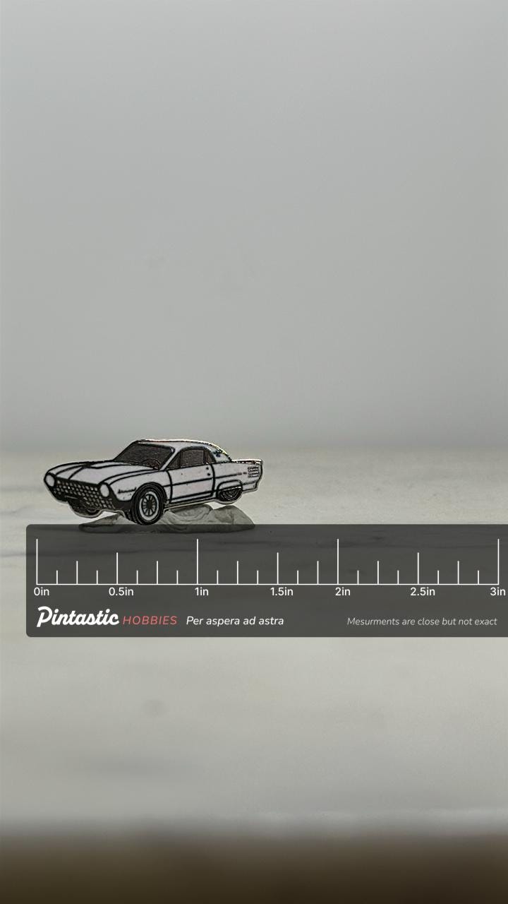 1960s Ford Thunderbird Car Pin: White Enamel Classic Car – Vintage Auto Collector Lapel with ruler overlay for size reference