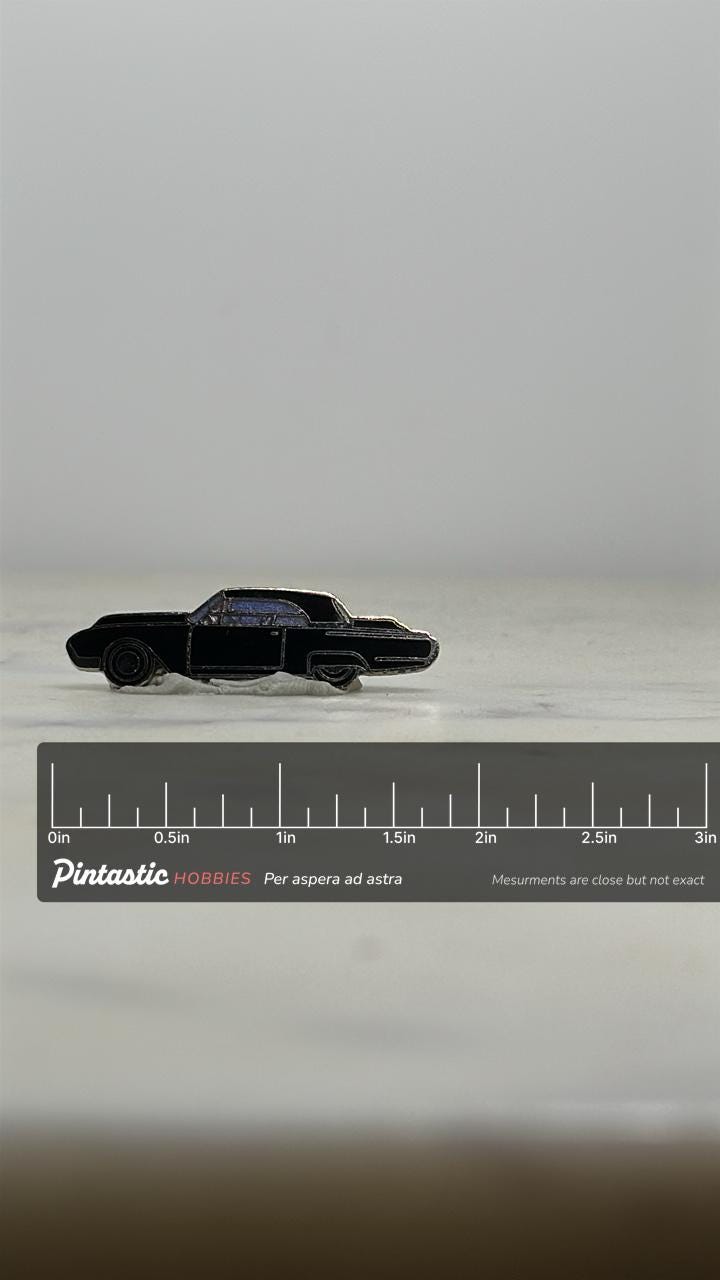 1960s Lincoln Continental Pin: Black Classic Luxury Auto – Vintage Lapel with ruler overlay for size reference