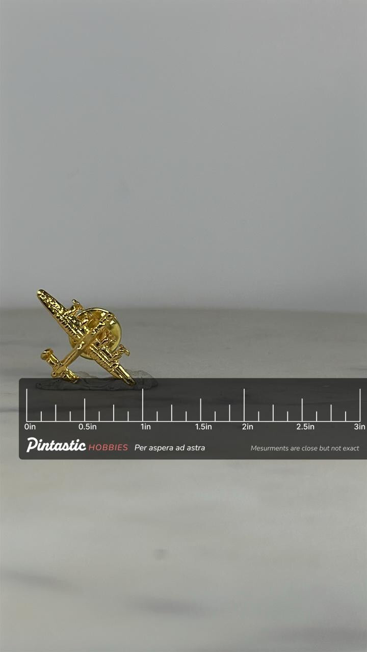 Lockheed P-38 Lightning Pin – Vintage Gold WWII Twin-Tail Fighter Lapel with ruler overlay for size reference