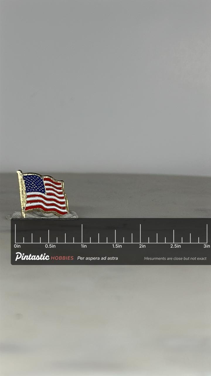American Flag Enamel Pin: Red White Blue Gold - Patriotic Accessory with ruler overlay for size reference