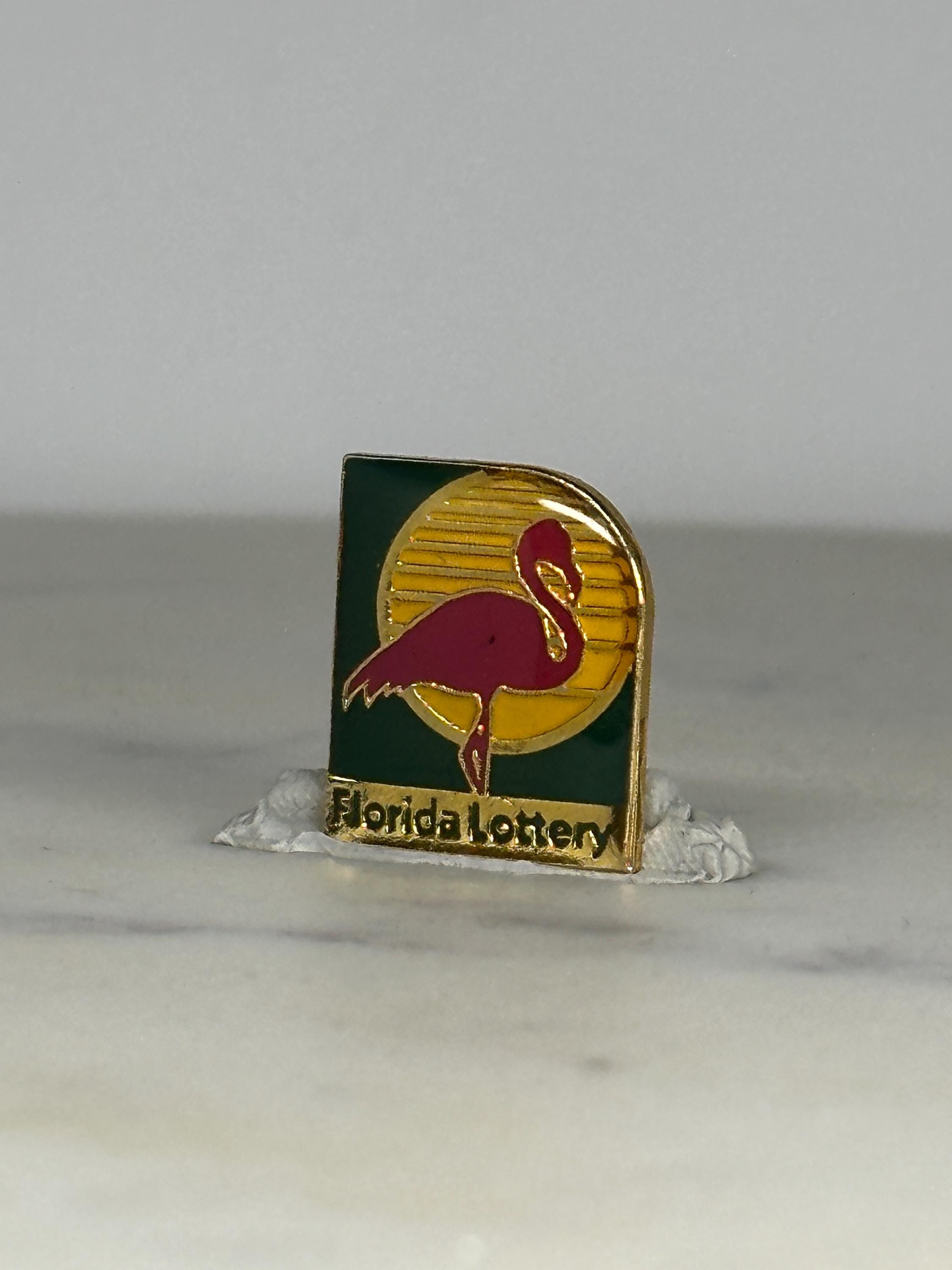Florida Lottery Flamingo Pin: Gold & Enamel Finish - Retro Souvenir Accessory