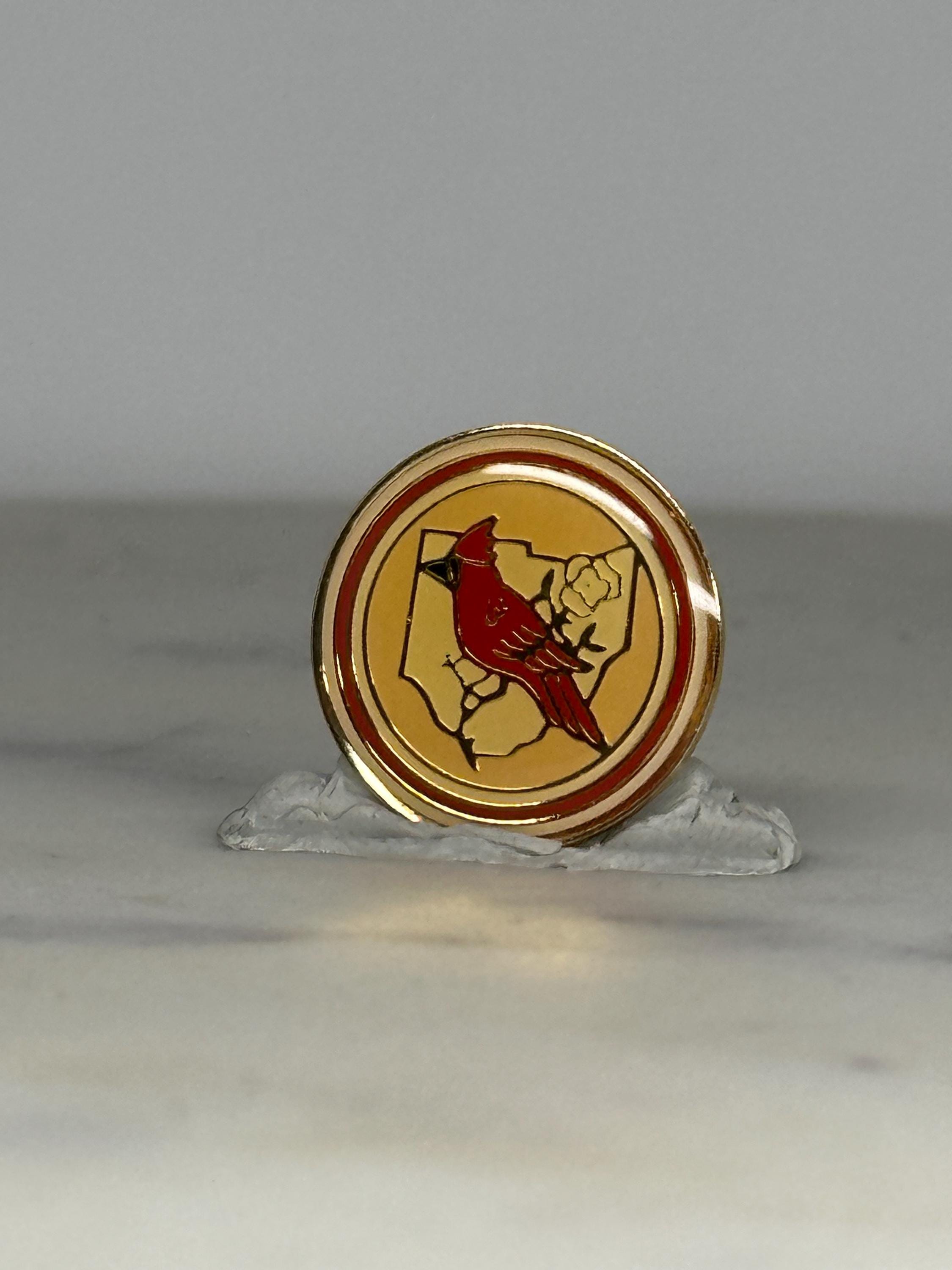 Cardinal State Bird Enamel Pin: Red Gold Round - Vintage Nature Accessory