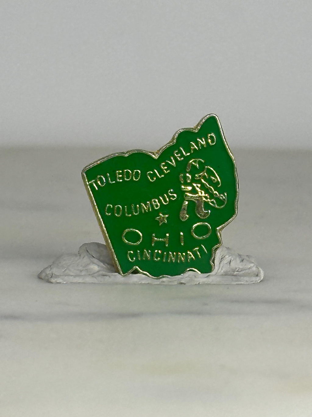 Ohio State Shaped Enamel Pin: Green Gold Finish - Vintage Travel Accessory