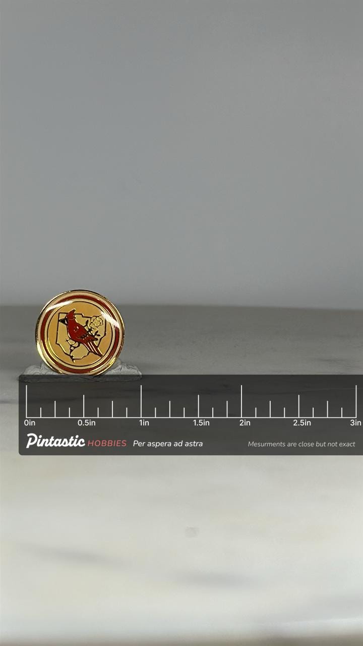 Cardinal State Bird Enamel Pin: Red Gold Round - Vintage Nature Accessory with ruler overlay for size reference