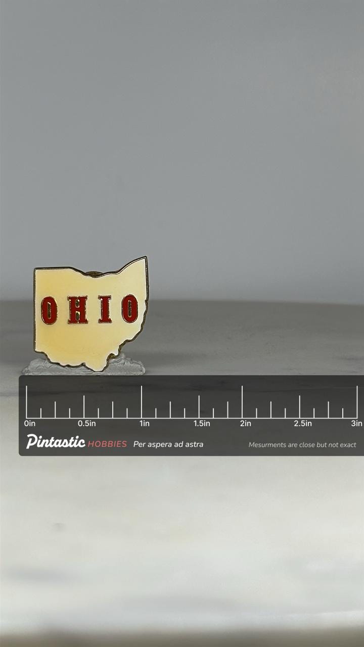 Ohio State Enamel Pin: Cream & Red Finish - Vintage Souvenir Accessory with ruler overlay for size reference